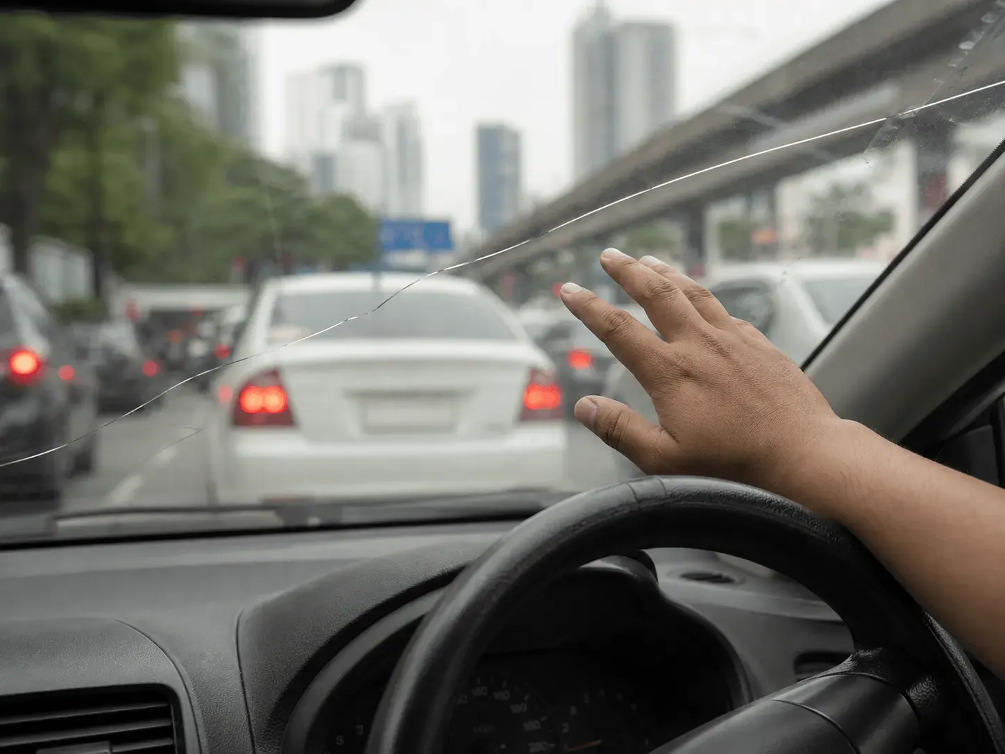 Cermin kereta retak yang memerlukan penggantian penuh