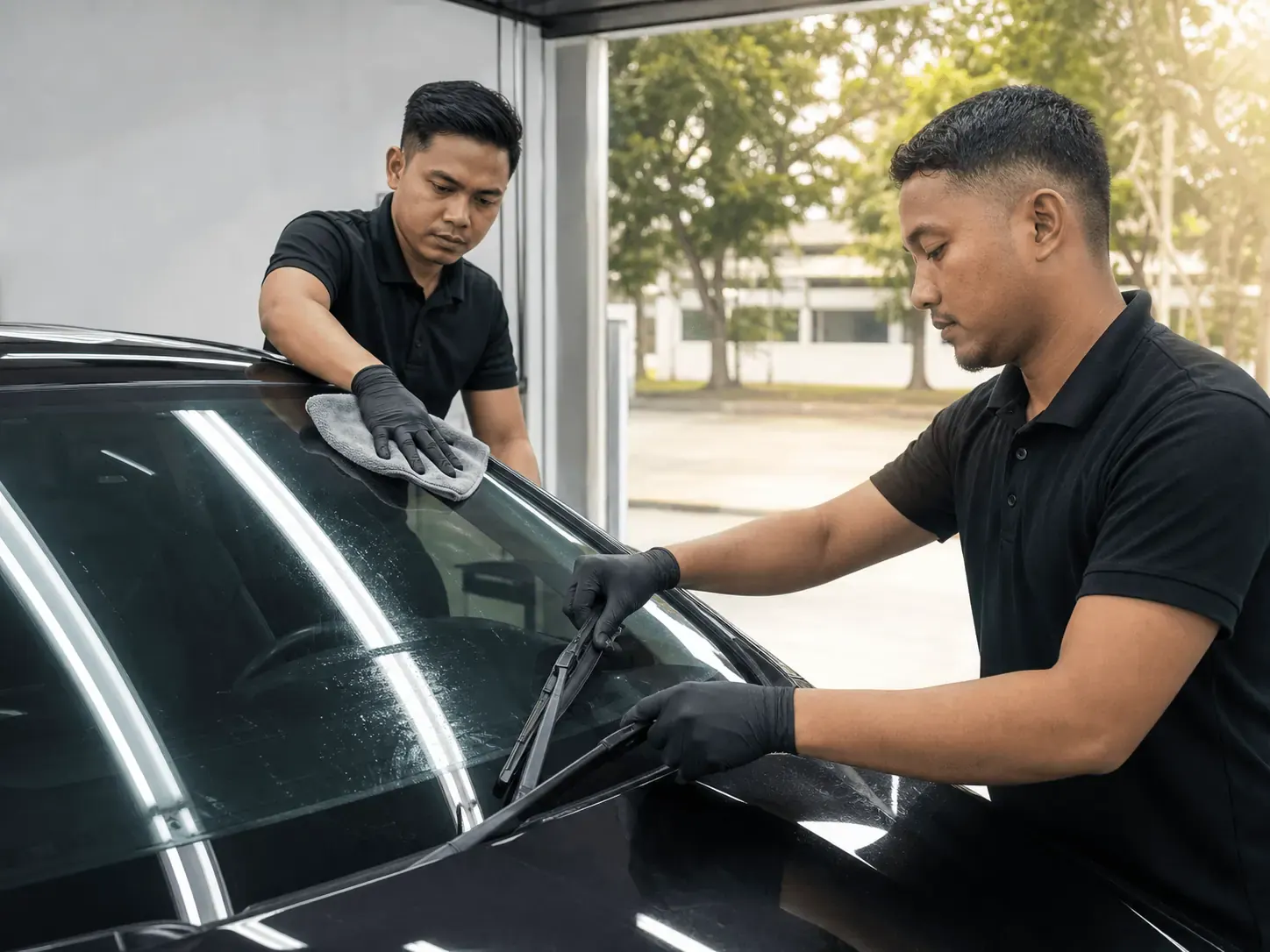 Pembersihan akhir dengan mikrofiber dan pemasangan semula pengelap selepas filem cermin dipasang