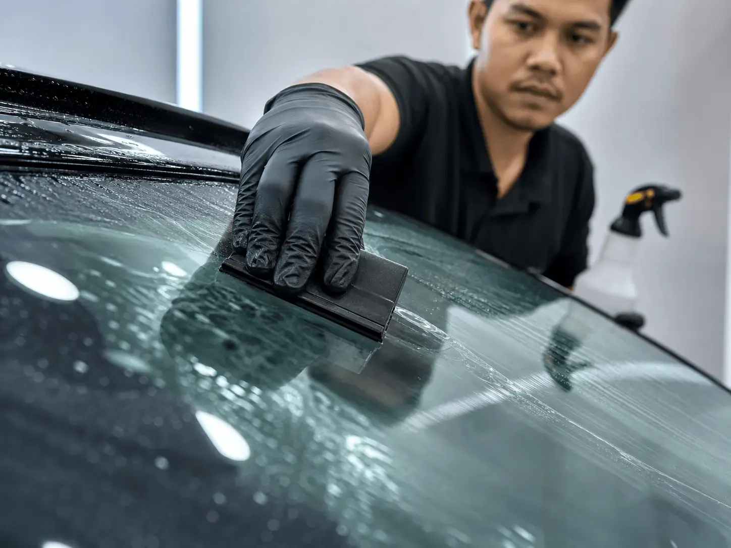 Squeegee mengedap filem pelindung cermin dari tengah ke tepi
