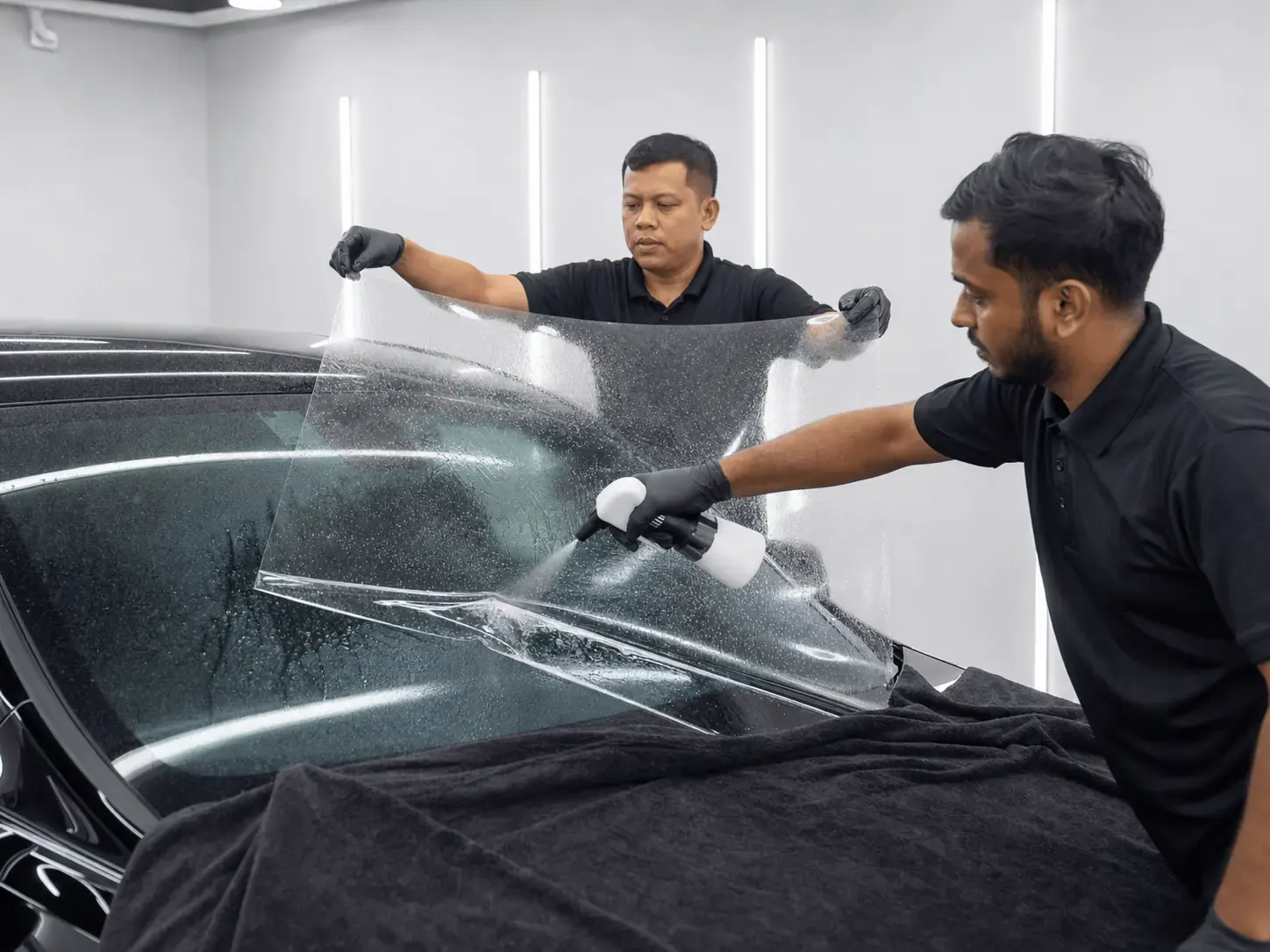 Aplikasi basah filem pelindung cermin hadapan oleh juruteknik terlatih